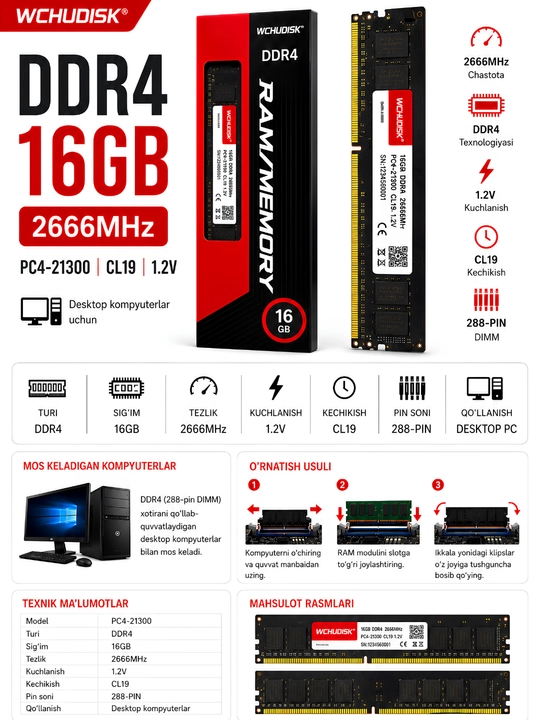 Operativ xotira Wchudisk  DDR4 16GB, 2666MHz, stol kompyuteri uchun