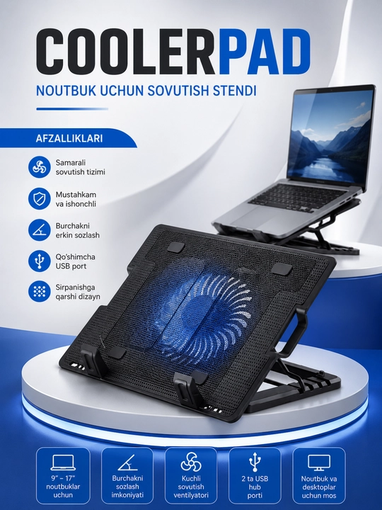CoolerPad Noutbuk Sovutish Stendi – 9–17" Laptoplar Uchun USB Ventilyatorli Stend - 