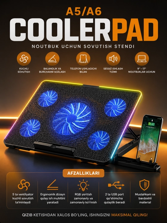 A5/A6 CoolerPad Noutbuk Sovutish Stendi – 5 Ventilyatorli, RGB, USB, 9–17 Dyuym - 