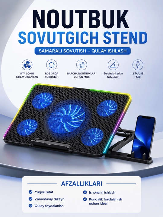 Охлаждающая подставка A5/A6 CoolerPad для ноутбука 9–17", 5 вентиляторов, RGB, USB - 