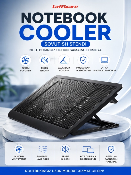 Taffware Notebook Cooler Sovutish Stendi – 9–17" Noutbuklar Uchun USB Cooler Pad - 