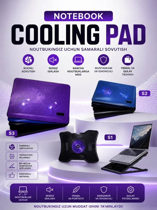 S1/S2/S3 Notebook Cooling Pad – 9–17" Noutbuklar Uchun USB Sovutish Stendi - 