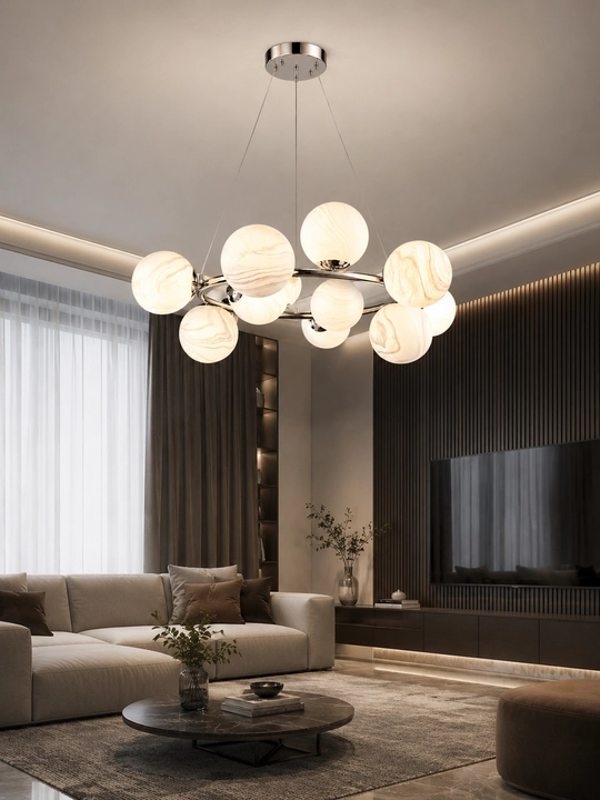 Osma lyustra Sharlar E27, 12/15/20 lampa, 40 m² gacha yoritish, balandligi sozlanadi