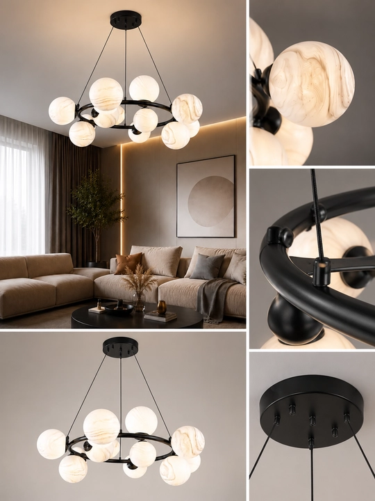 Osma lyustra Sharlar E27, 12/15/20 lampa, 40 m² gacha yoritish, balandligi sozlanadi