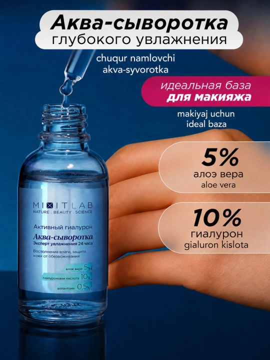 Cыворотка для лица увлажняющая с гиалуроновой кислотой MIXIT LAB, 50 мл - 