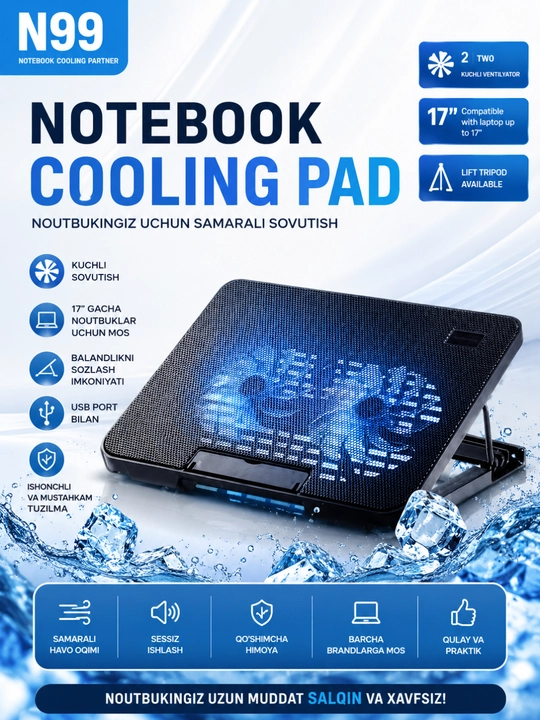 17 Dyuymgacha Noutbuklar Uchun USB Sovutgich Stend – 2 Ventilyatorli Cooling Pad - 