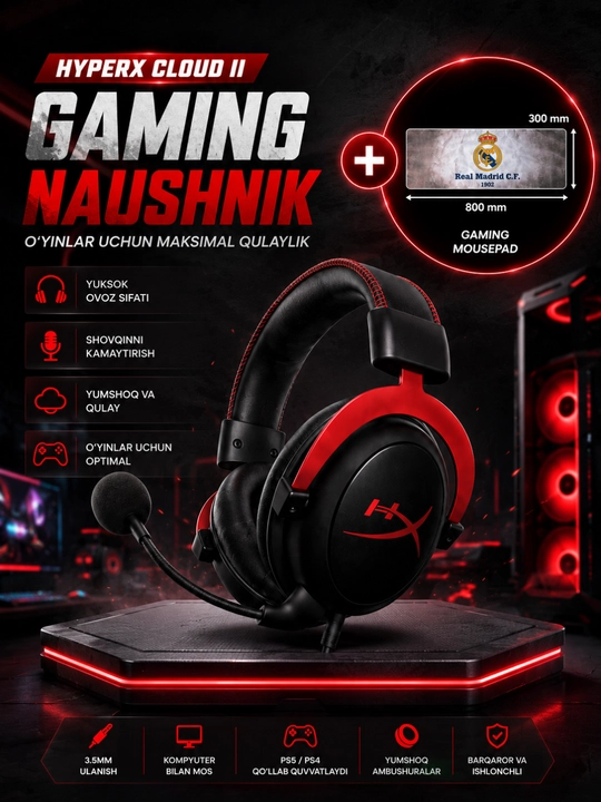 Gaming quloqchin mikrofonli, 3.5 mm simli naushnik PC, PS4, PS5 uchun