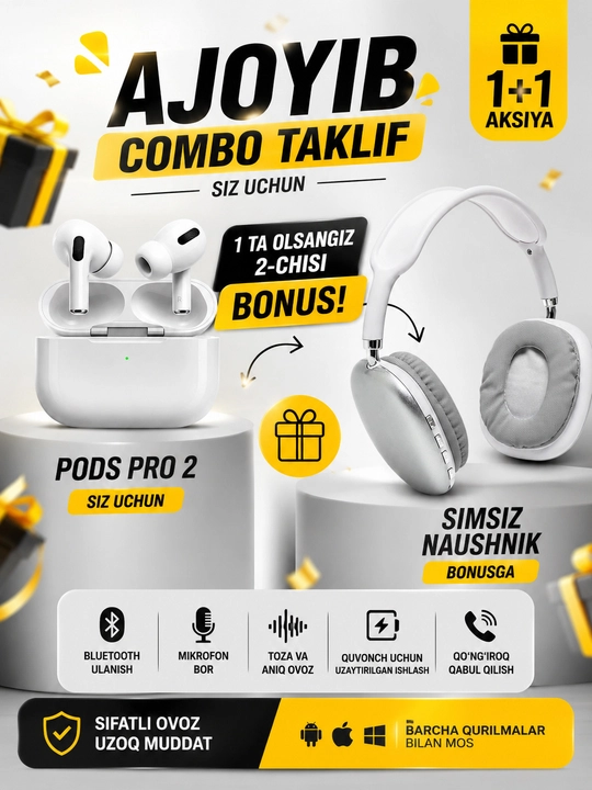1 ta P9 naushnik + 1 ta simsiz quloqchin A Pods2 - 