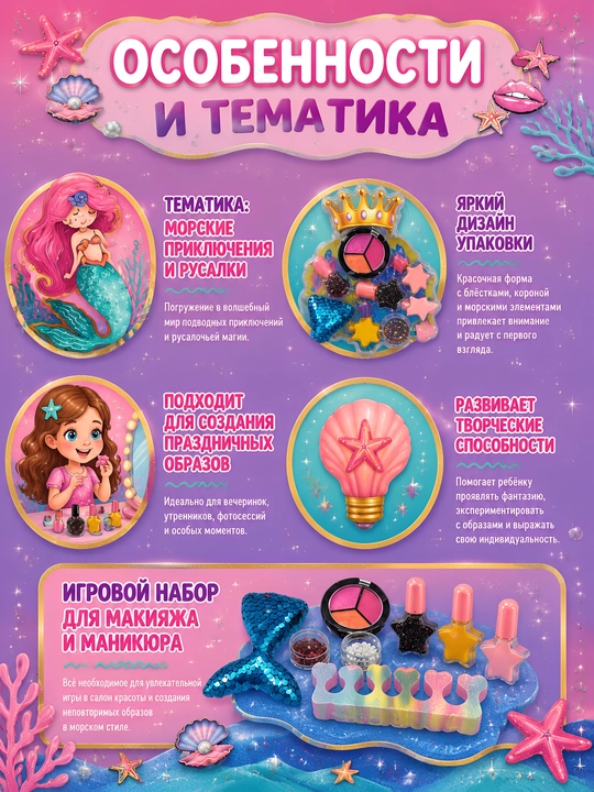 Bolalar kosmetikasi to plami Rusalka, qizlar uchun makiyaj va manikyur uchun nabor