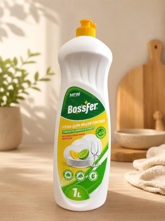 Гель для мытья посуды Bossfer, 1 л, лимон и лайм, антибактериал, средство для мытья посуды