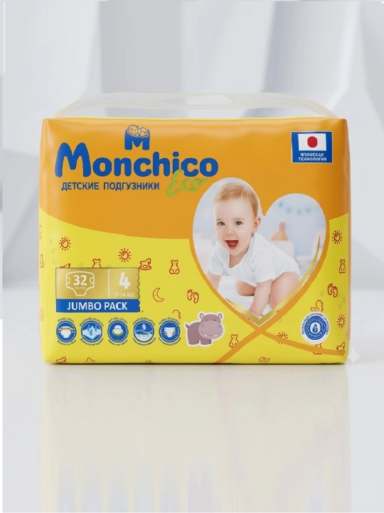 Подгузники Monchico Eco+ NORMAL, размер 4, 7 - 14 кг, 32 шт - 