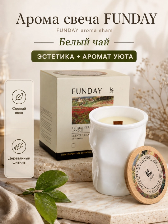 FUNDAY White Tea xushbo‘y sham, soya mumi, yog‘och pilik, 145 g - 