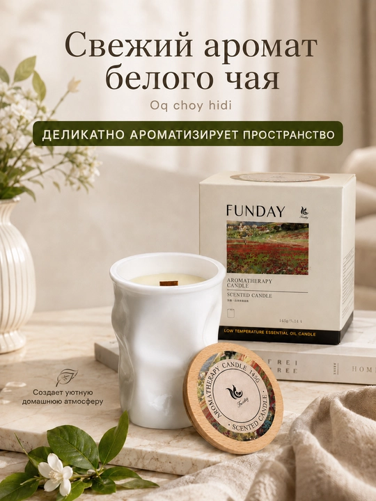 FUNDAY White Tea xushbo‘y sham, soya mumi, yog‘och pilik, 145 g