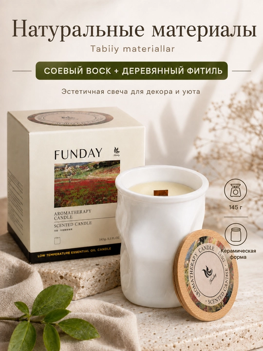 FUNDAY White Tea xushbo‘y sham, soya mumi, yog‘och pilik, 145 g