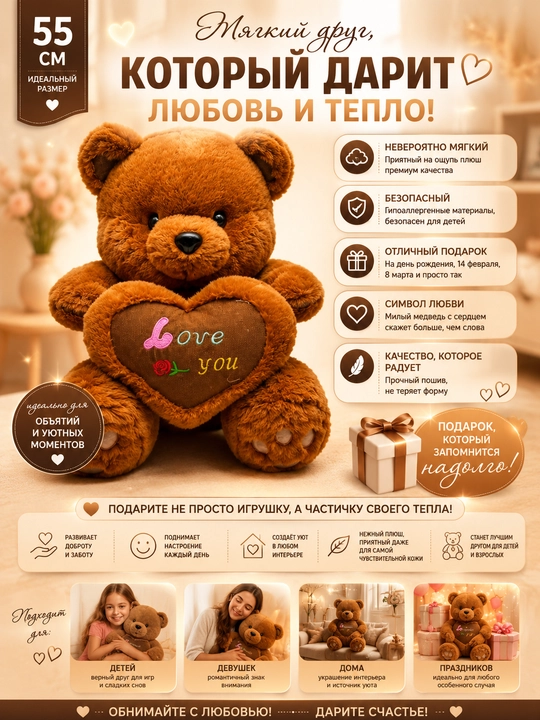 Love Bear Teddy мягкая игрушка, плюшевый медведь, подарок, 45, 55 см