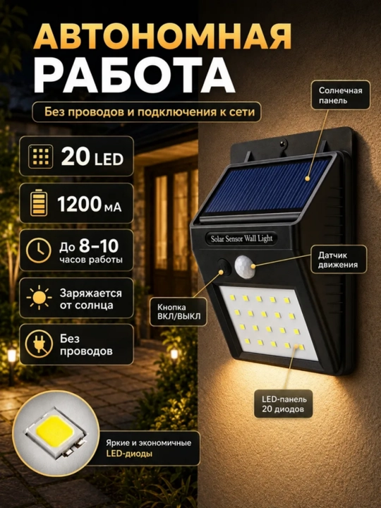 Quyosh panelli ko‘cha chirog‘i harakat datchigi devor uchun avtomatik yonadi