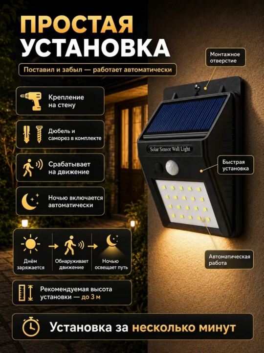 Quyosh panelli ko‘cha chirog‘i harakat datchigi devor uchun avtomatik yonadi
