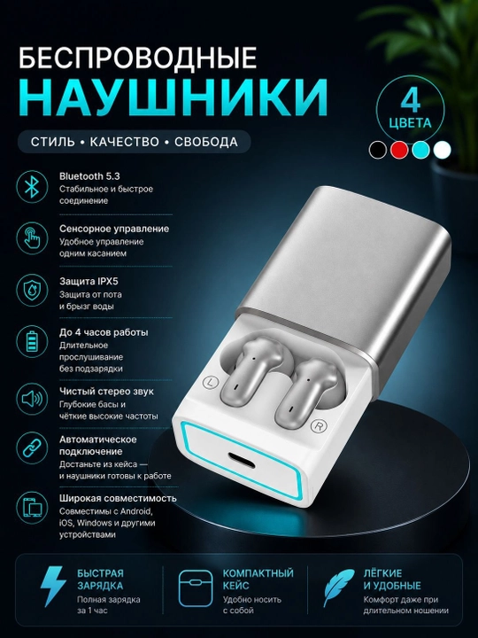 Мини TWS Bluetooth 5.3 наушники с сенсорным управлением, 4 цвета - 