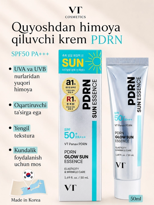 VT PDRN Glow Sun Essence SPF50+ PA+++ quyoshdan himoyalovchi krem, 50 ml - 