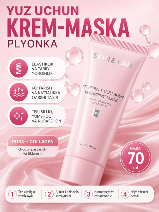 Yorqin teri uchun PDRN plyonkali niqob, Skin&Lab, 3D PDRN Collagen Wrapping Mask, 70 ml