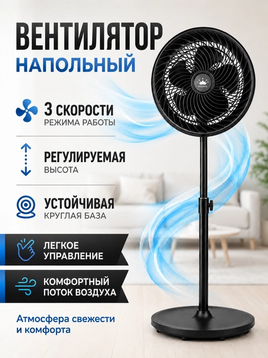 Вентилятор напольный компактный для дома и офиса, 3 скорости, мощный обдув - 