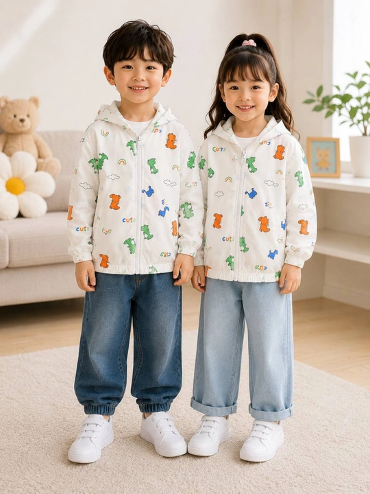 Bolalar uchun yozgi yupqa oq bosmali vetrovka, 1 yoshdan 6 yoshgacha