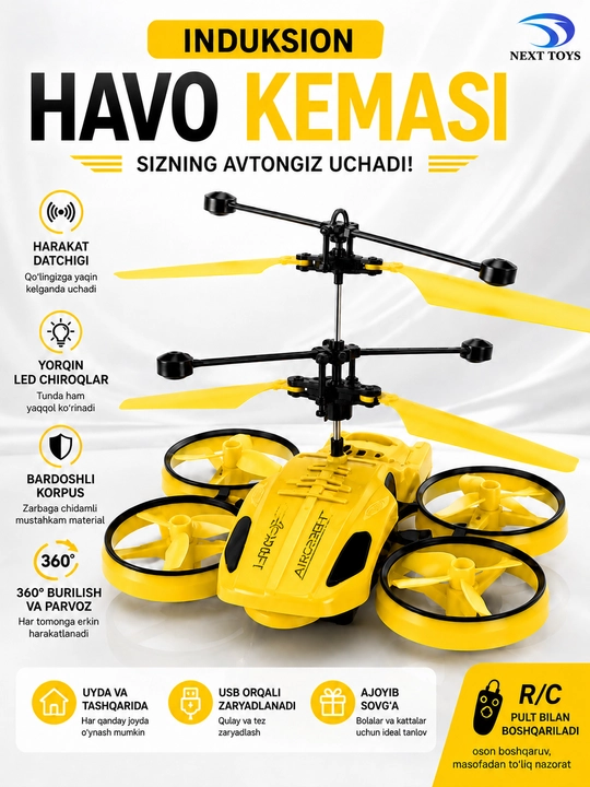Sensorli boshqaruvli uchuvchi o'yinchoq vertolyot, dron, USB zaryad, bolalar uchun