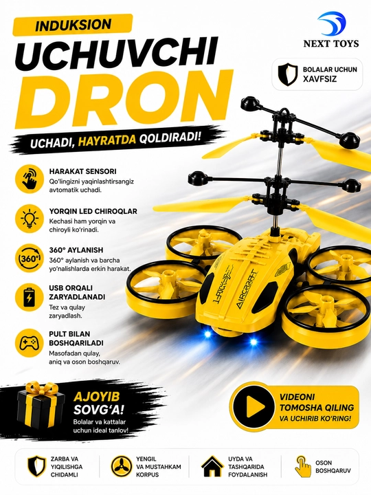Sensorli boshqaruvli uchuvchi o'yinchoq vertolyot, dron, USB zaryad, bolalar uchun