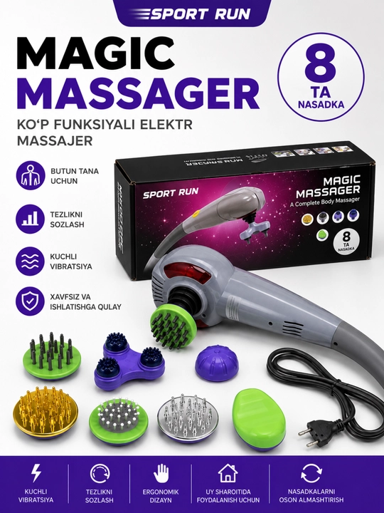 Электрический ручной массажер Magic Massager, с 8 насадками для массажа всего тела - 