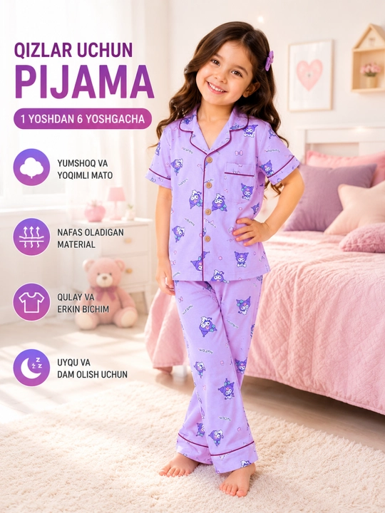 Qizlar pijamasi, tungi kiyim, uyqu kiyimi, yumshoq pijama, pushti pijama, qulay pijama - 
