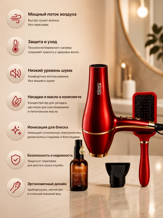 Фен с насадкой, для сушки и укладки волос, профессиональный
