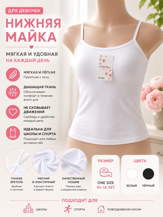 Майка для девочек, хлопковая и эластичная, 10–14 лет, ONE SIZE