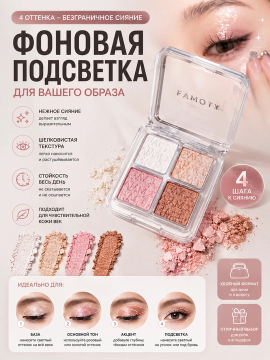 Yuz, ko‘z va tana uchun 4 xil rangdagi haylayterlar palitrasi
