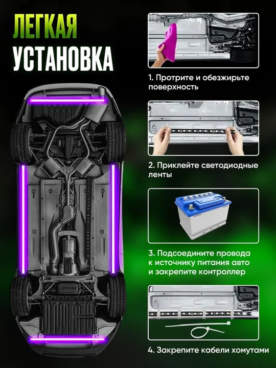 Avtomobil osti uchun LED yoritgich, telefondan Bluetooth orqali boshqariladi