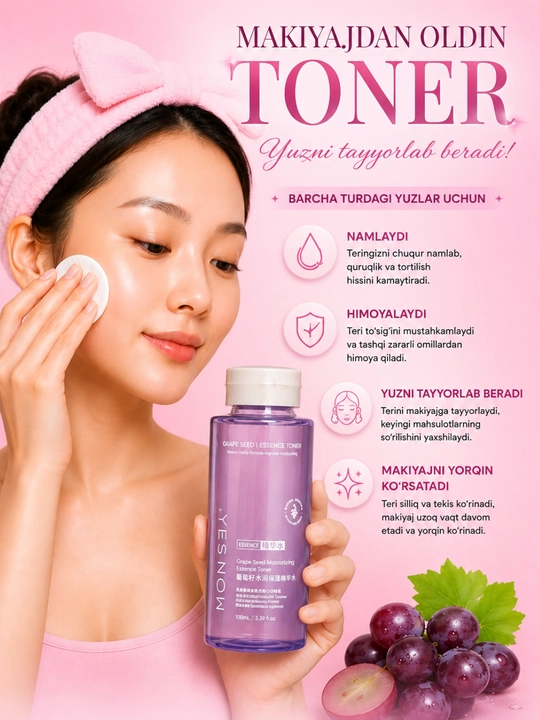 Yuz uchun namlantiruvchi, uzumli toner, terini parvarish qilish - 