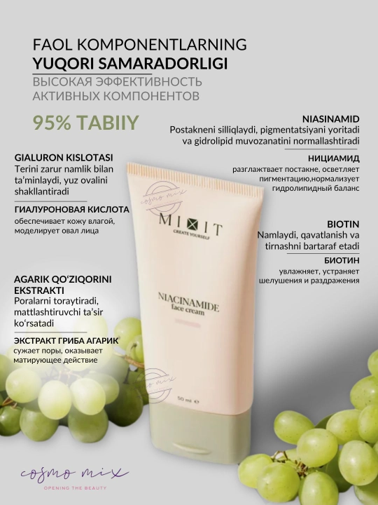 MIXIT husnbuzarlarga qarshi niatsinamidli yuz uchun motlashtiruvchi krem, 50 ml