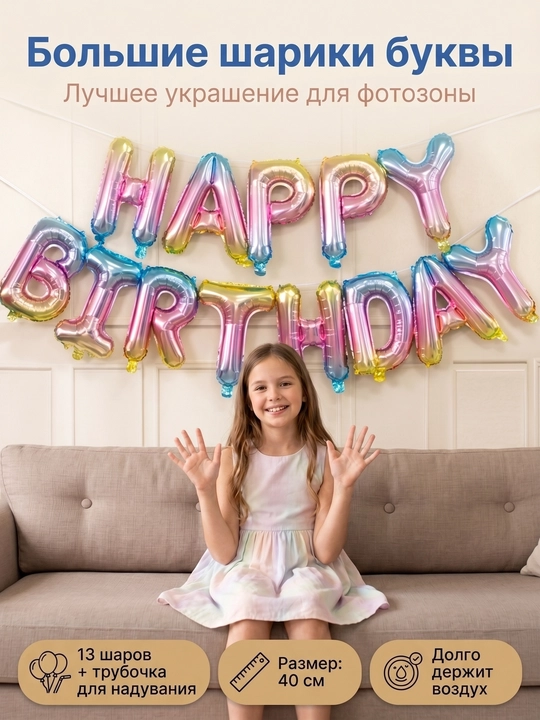 Шарики буквы Happy Birthday с днем рождения, надпись гирлянда на стену, набор для фотозоны - 