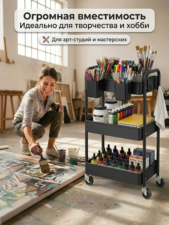 Этажерка на колесиках узкая — 3-ярусная тележка для хранения в детскую и кухню