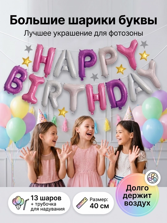 Шарики буквы Happy Birthday с днем рождения, надпись гирлянда на стену, набор для фотозоны - 