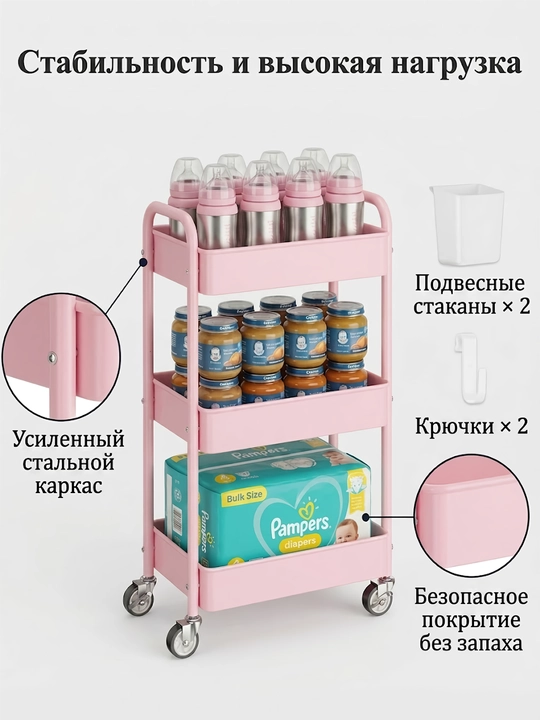 Этажерка на колесиках узкая — 3-ярусная тележка для хранения в детскую и кухню