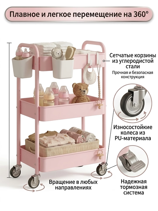 Этажерка на колесиках узкая — 3-ярусная тележка для хранения в детскую и кухню