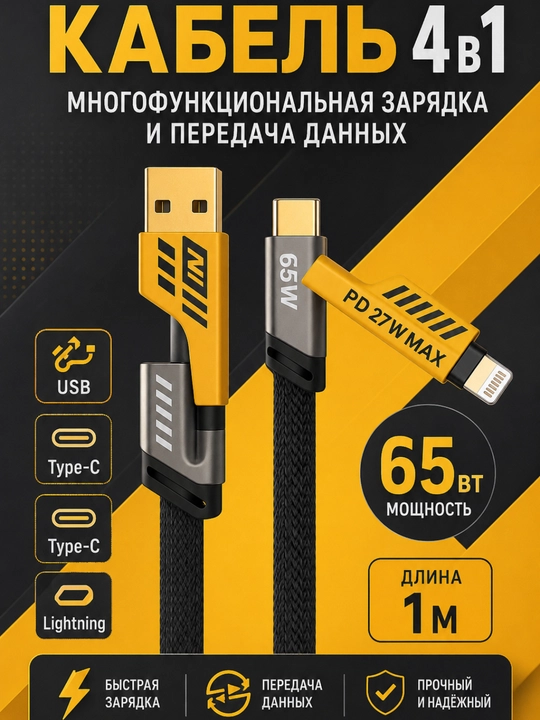 Кабель-трансформер USB 4 в 1 Turbo: Type-C/Lightning на USB-A/Type-C - 