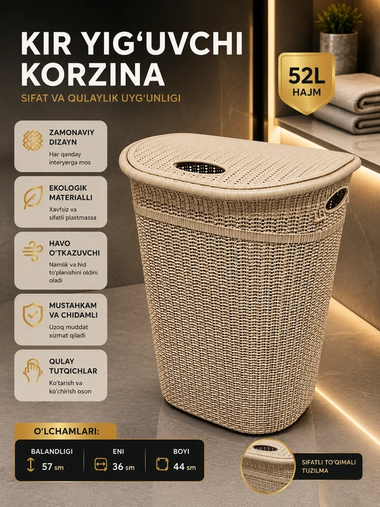 Qopqoqli 52 litrli kir savati, plastik savat, kiyim saqlash uchun savat - 