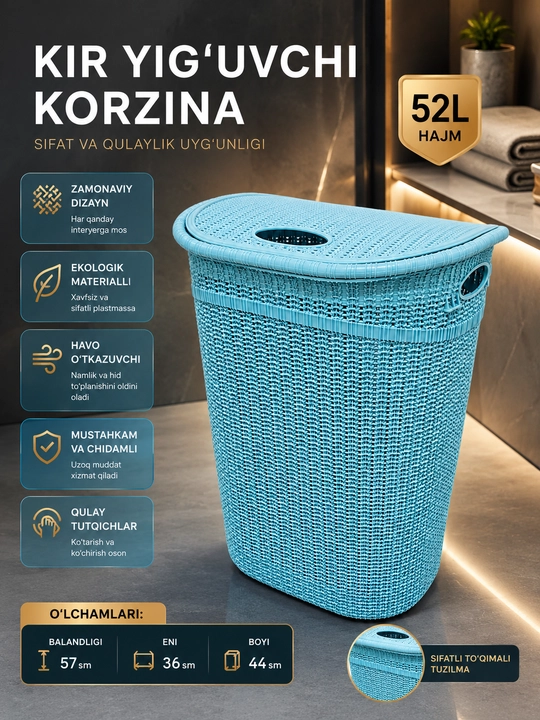 Qopqoqli 52 litrli kir savati, plastik savat, kiyim saqlash uchun savat - 