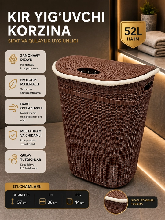 Qopqoqli 52 litrli kir savati, plastik savat, kiyim saqlash uchun savat - 
