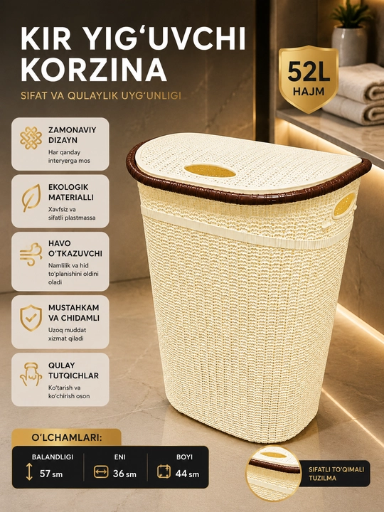 Qopqoqli 52 litrli kir savati, plastik savat, kiyim saqlash uchun savat - 