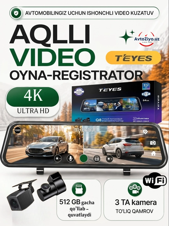 Video registrator  TEYES Q8, 4K Ultra HD, Wi-Fi, 3 ta kamera,  512GBgacha fleshka kotaradi - 
