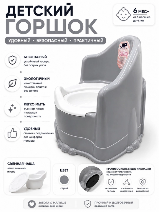 Горшок для детей с крышкой и спинкой, изготовлен из пластика