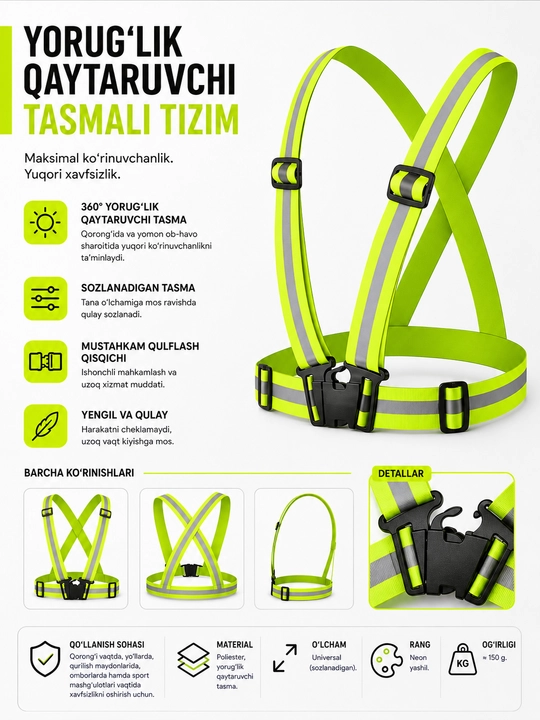 Yorug‘lik qaytaruvchi kamar tizimi, sozlanadigan, universal o‘lcham
