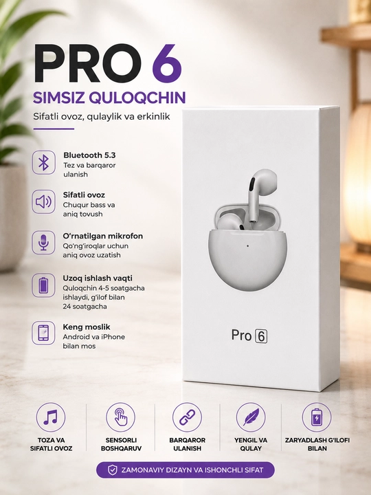 Беспроводные наушники, Pro 6 с сенсорным экраном для iPhone и Android - 